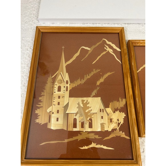 Vintage Set‎ wood inlay Pictures Church Chalet Farm Framed Wall Decor Folk Art - Picture 1 of 12